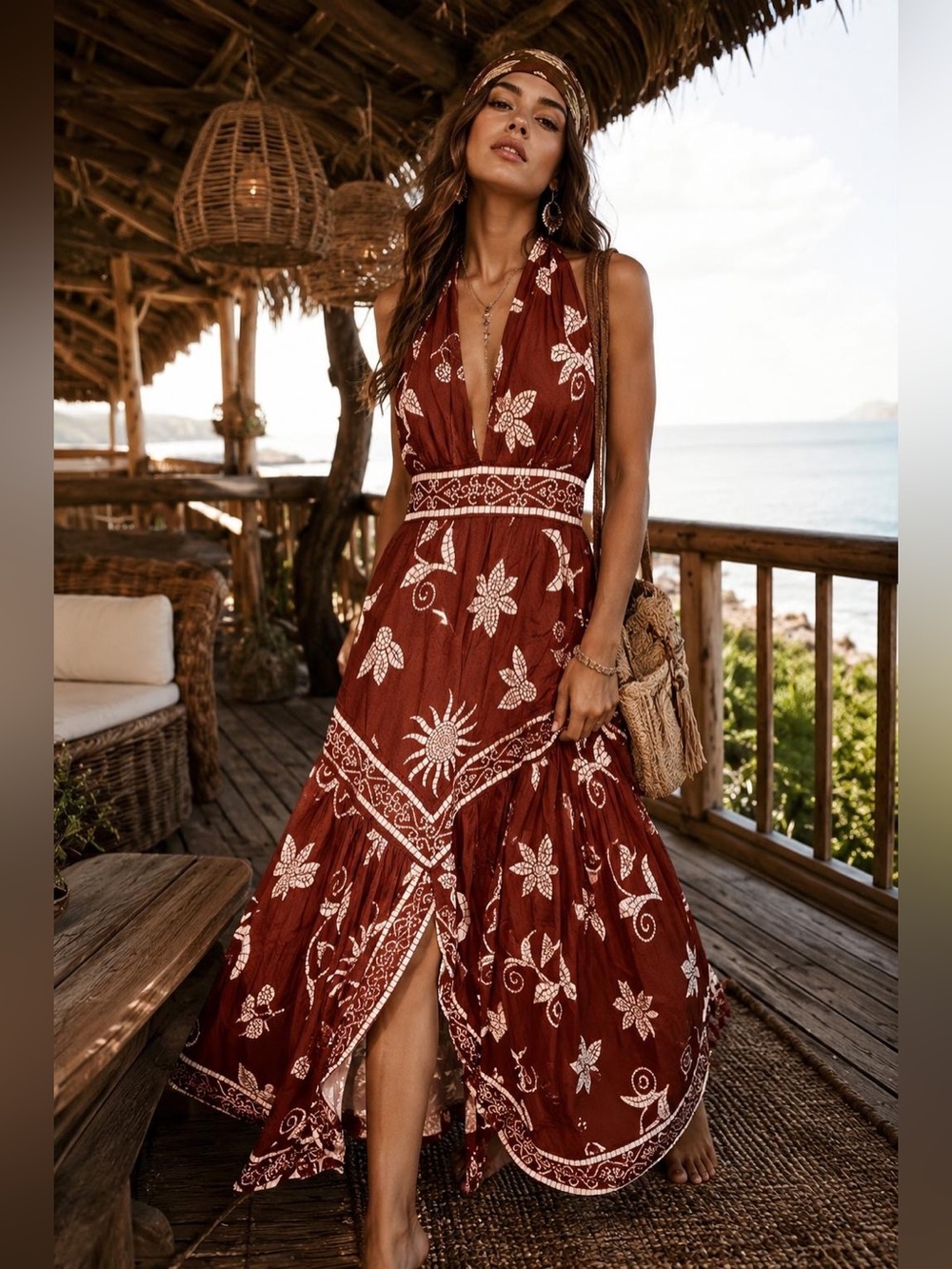 Celadine by Anthro Bohemian Embroidered Halter Maxi Dress - Rust NWT